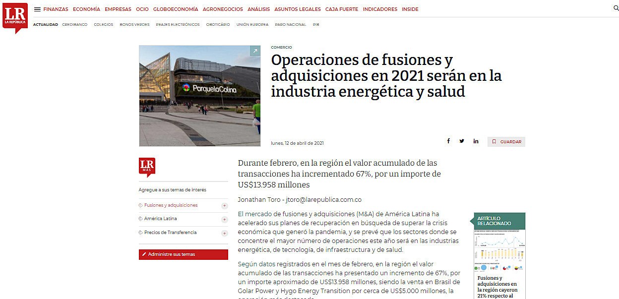 Operaciones de fusiones y adquisiciones en 2021 sern en la industria energtica y salud